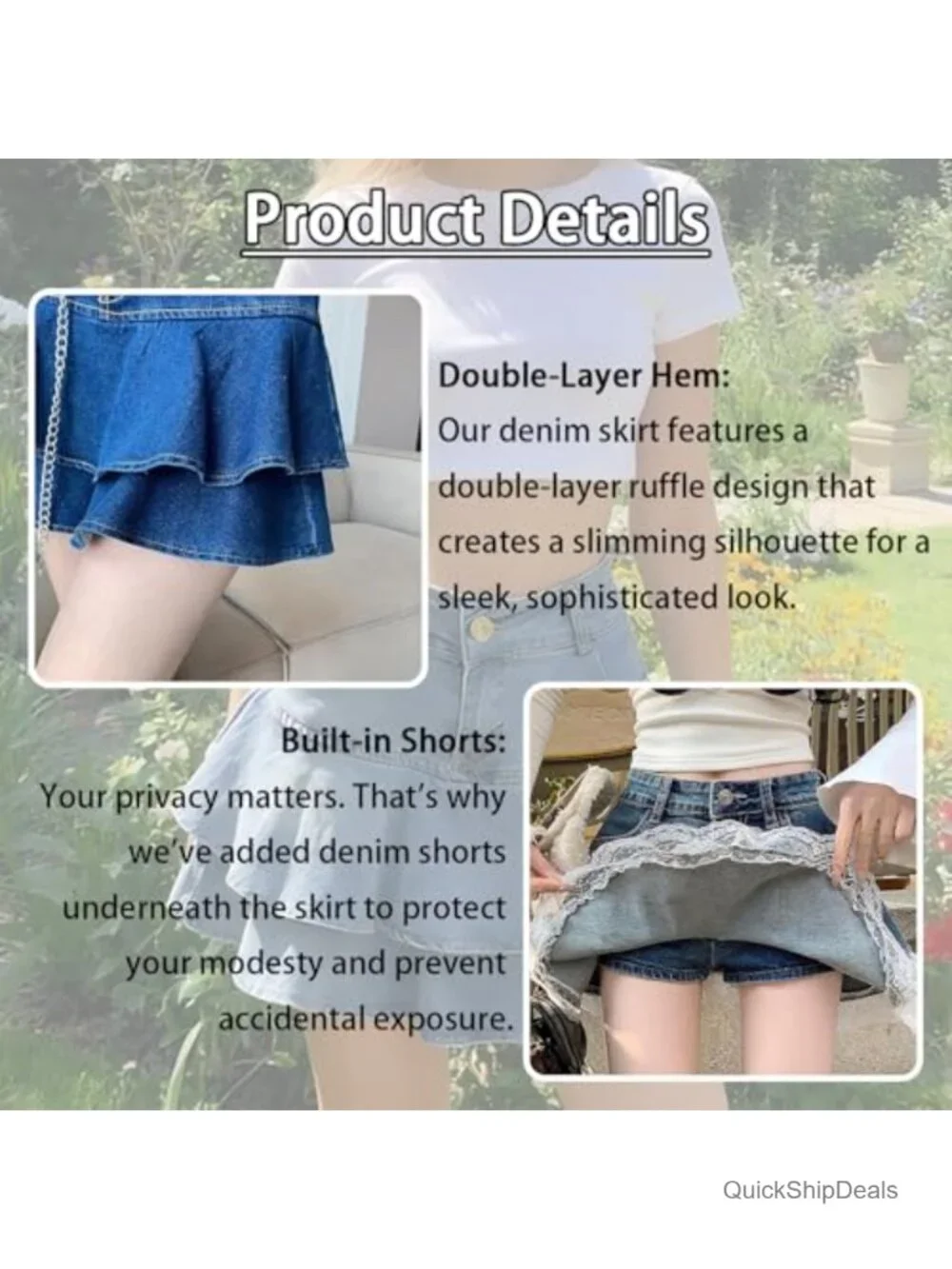 High Waisted A-Line Denim Mini Skirt with Safety Shorts Lining Ruffled Hem